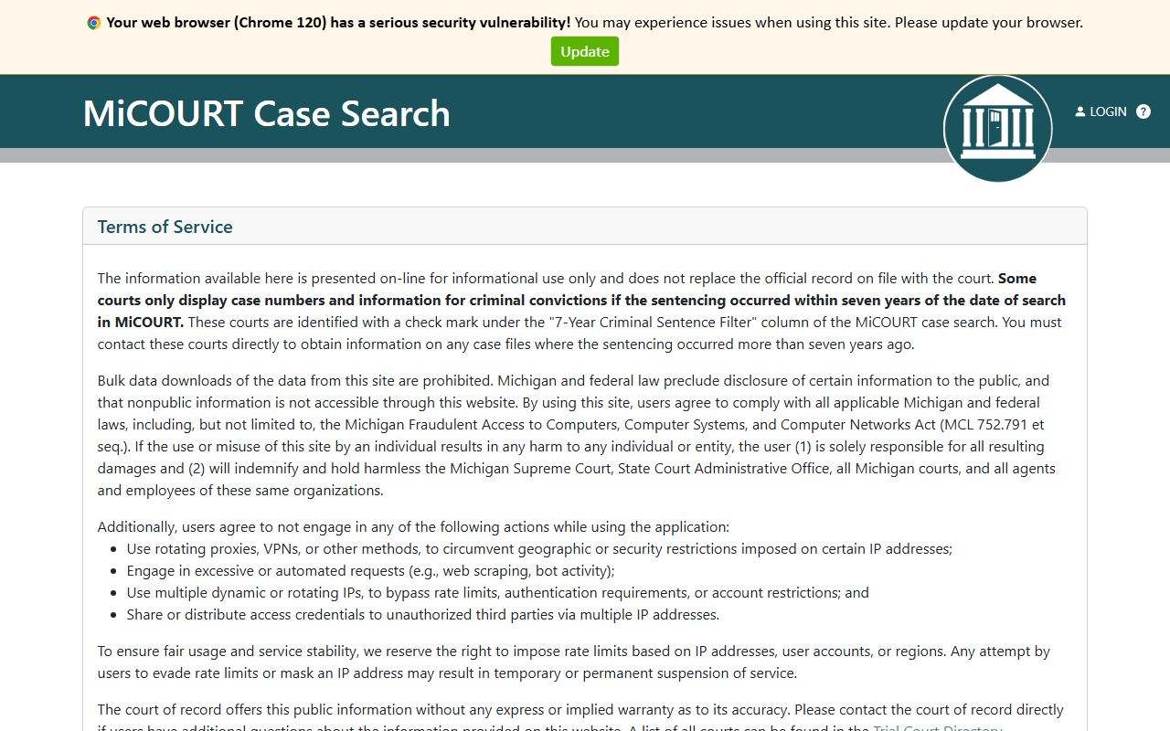 Schoolcraft County court records after arrest MiCOURT search page
