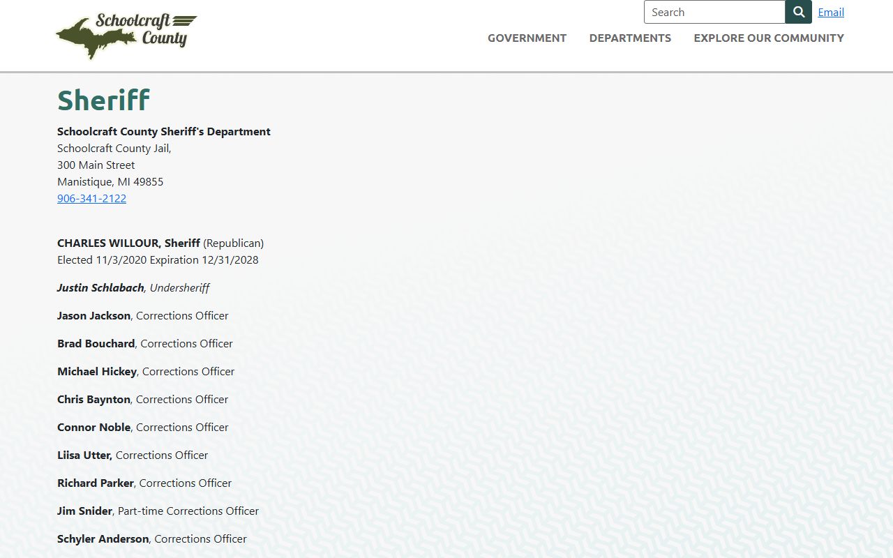 Schoolcraft County Jail inmate lookup sheriff page